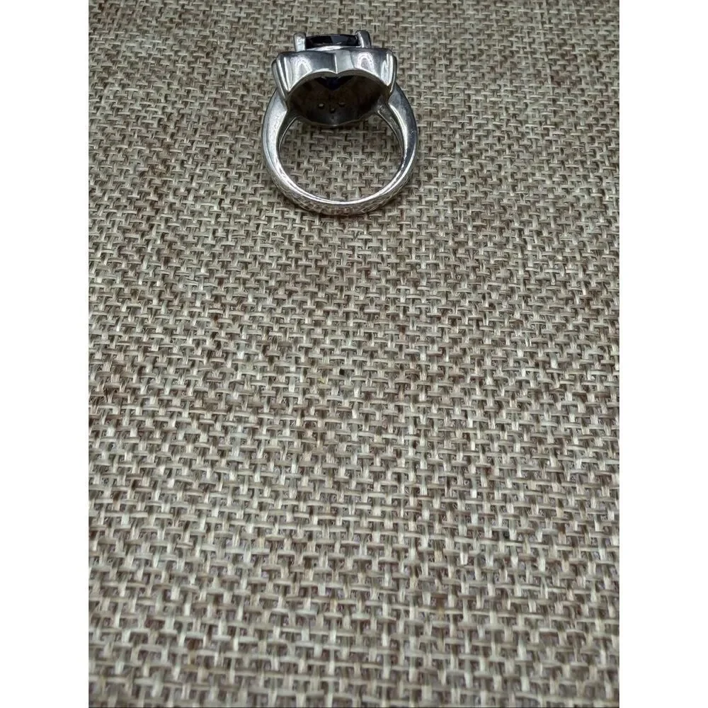Sterling Silver 925 Blue Heart Ring w/ Lab Opal Inlay & CZ Accents – Size 7